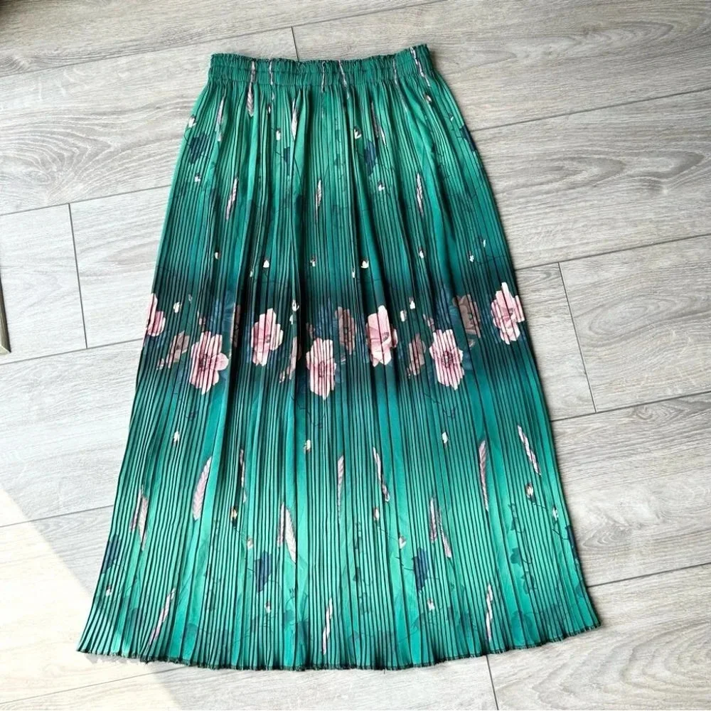 Floral Pattern Pleated Stretchy Midi Maxi Skirt